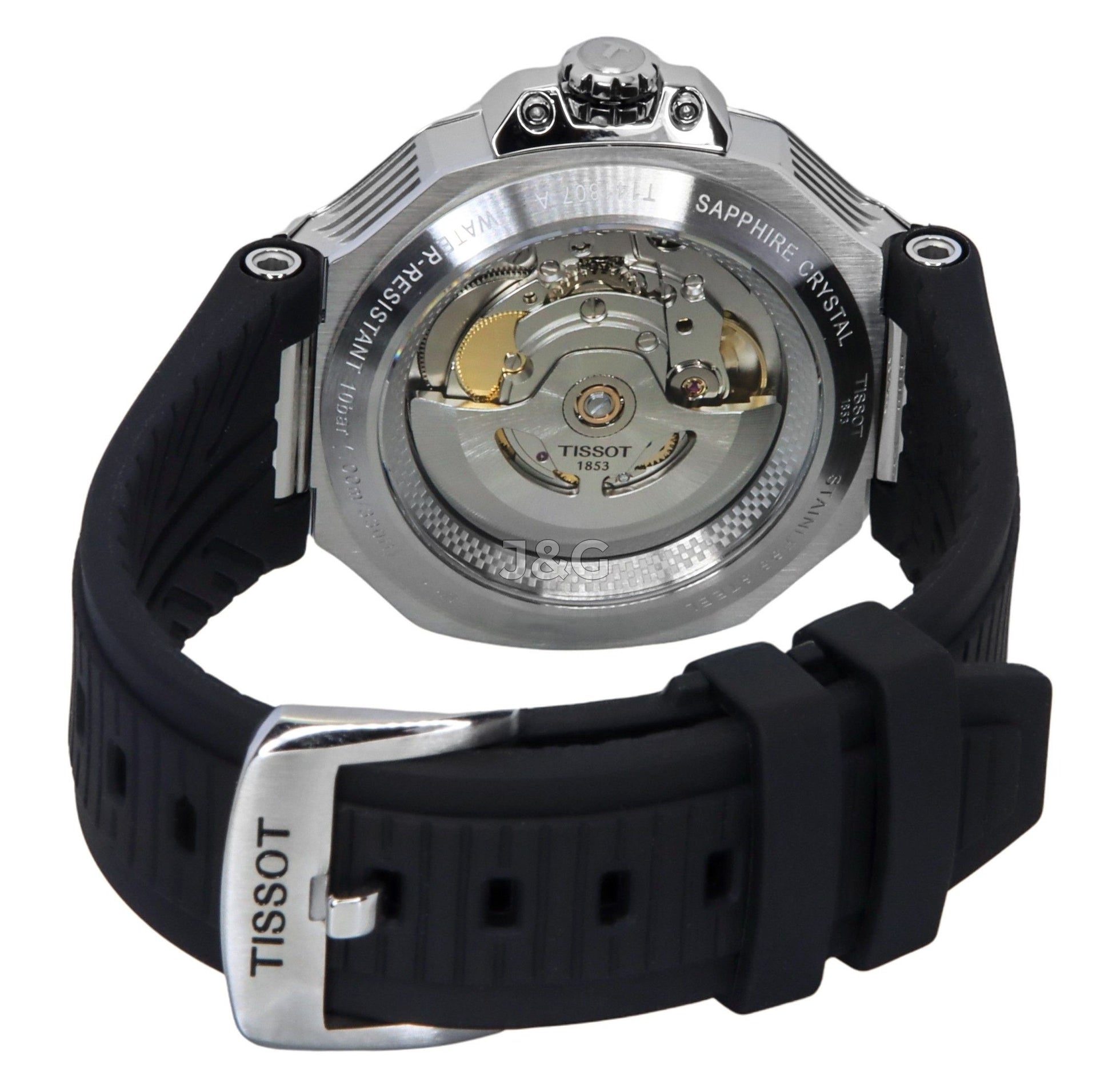 Tissot T-Race Anti-reflective Black Silicone Male T141.807.17.051.00. A brand-new Tissot T-Race watch featuring a Black dial and a Silicone strap. Angled view. - view 4