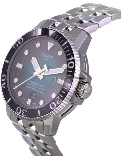 Tissot T-Sport Seastar Automatic movement Black Stainless steel Male T120.407.11.091.01. A brand-new Tissot T-Sport watch featuring a Black dial and a Stainless steel strap. Side view. - view 3