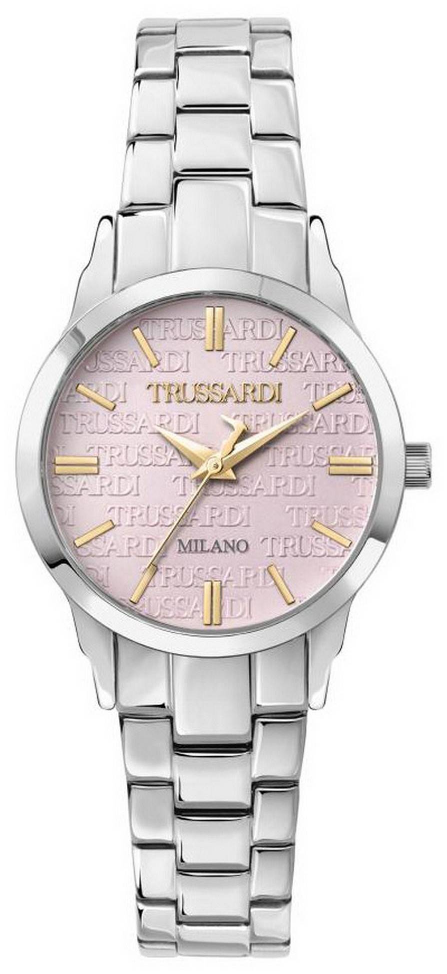 Trussardi T-Bent Pink Stainless Steel Dial Quartz. A brand-new Trussardi T-Bent watch featuring a Stainless steel strap. Angled view.