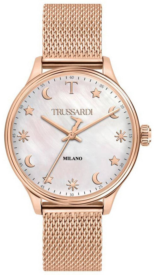 Trussardi T-Complicity Mother Of Pearl Dial Quartz. A brand-new Trussardi watch featuring a Mother Of Pearl dial and a Stainless steel strap. Side view.
