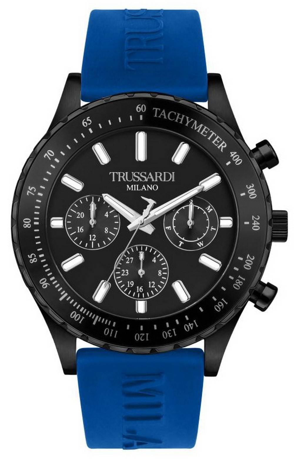 Trussardi T-Logo Tachymeter Black Dial Silicon Strap Quartz. A brand-new Trussardi T-Logo watch featuring a Black dial and a Stainless steel strap. Angled view.
