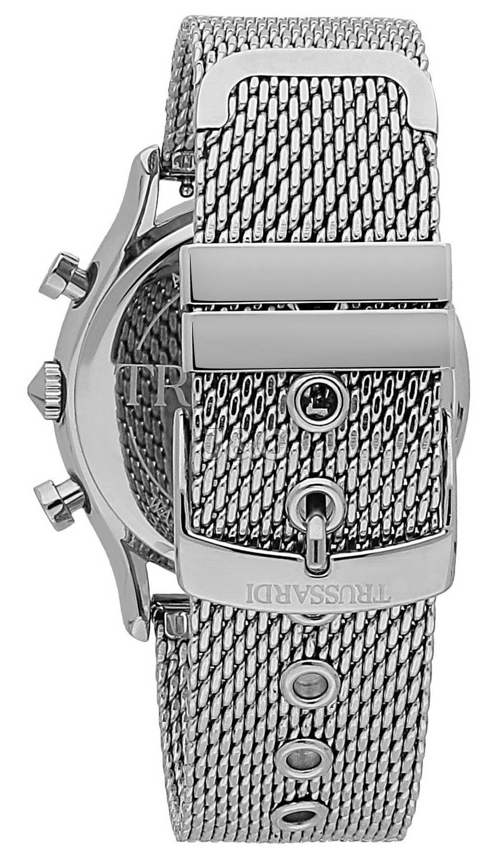 Trussardi T-Light Date display Blue Stainless steel Male R2453127002-. A brand-new Trussardi T-Light watch featuring a Blue dial and a Stainless steel strap. Side view. - view 2