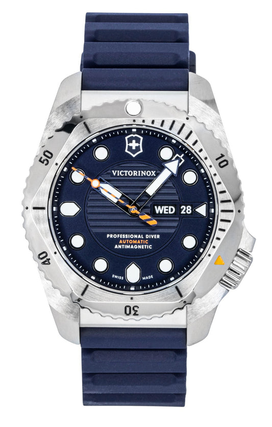Victorinox Dive Pro Rubber Strap Matt Blue Dial Automatic. A brand-new Victorinox Dive Pro watch featuring a Blue dial and a Rubber strap. Front view.