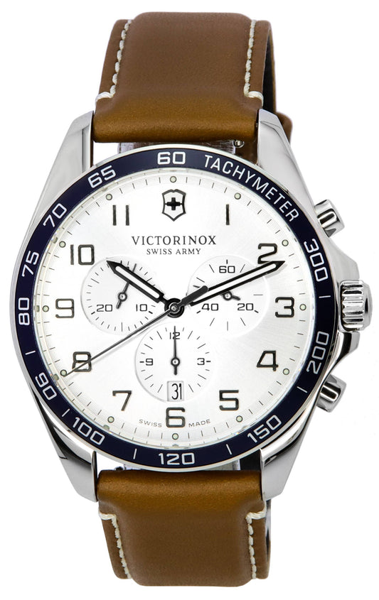 Victorinox FieldForce Classic Chronograph Silver Dial. A brand-new Victorinox FieldForce watch featuring a Silver dial and a Leather strap. Angled view.