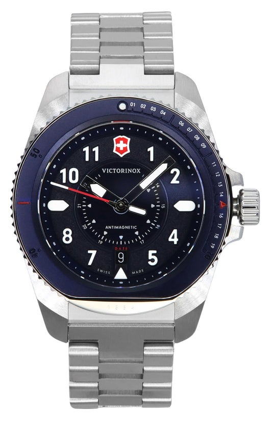 Victorinox Journey 1884 Stainless Steel Blue Dial Quartz. A brand-new Victorinox Journey 1884 watch featuring a Blue dial and a Stainless steel strap. Side view.