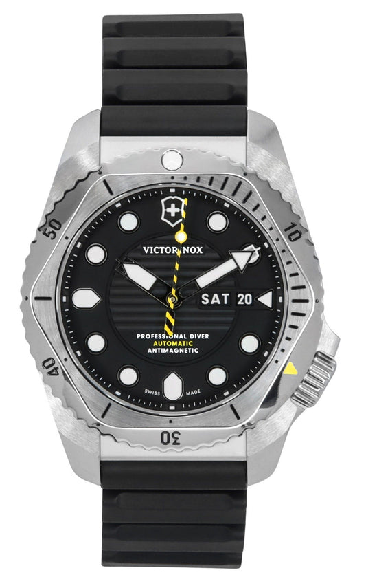 Victorinox Swiss Army Dive Pro Rubber Strap Black Dial. A brand-new Victorinox Dive Pro watch featuring a Black dial and a Rubber strap. Front view.