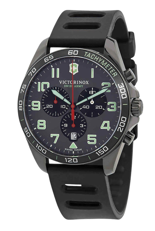 Victorinox Swiss Army Fieldforce Sport Chronograph Rubber. A brand-new Victorinox FieldForce watch featuring a Grey dial and a Rubber strap. Angled view.