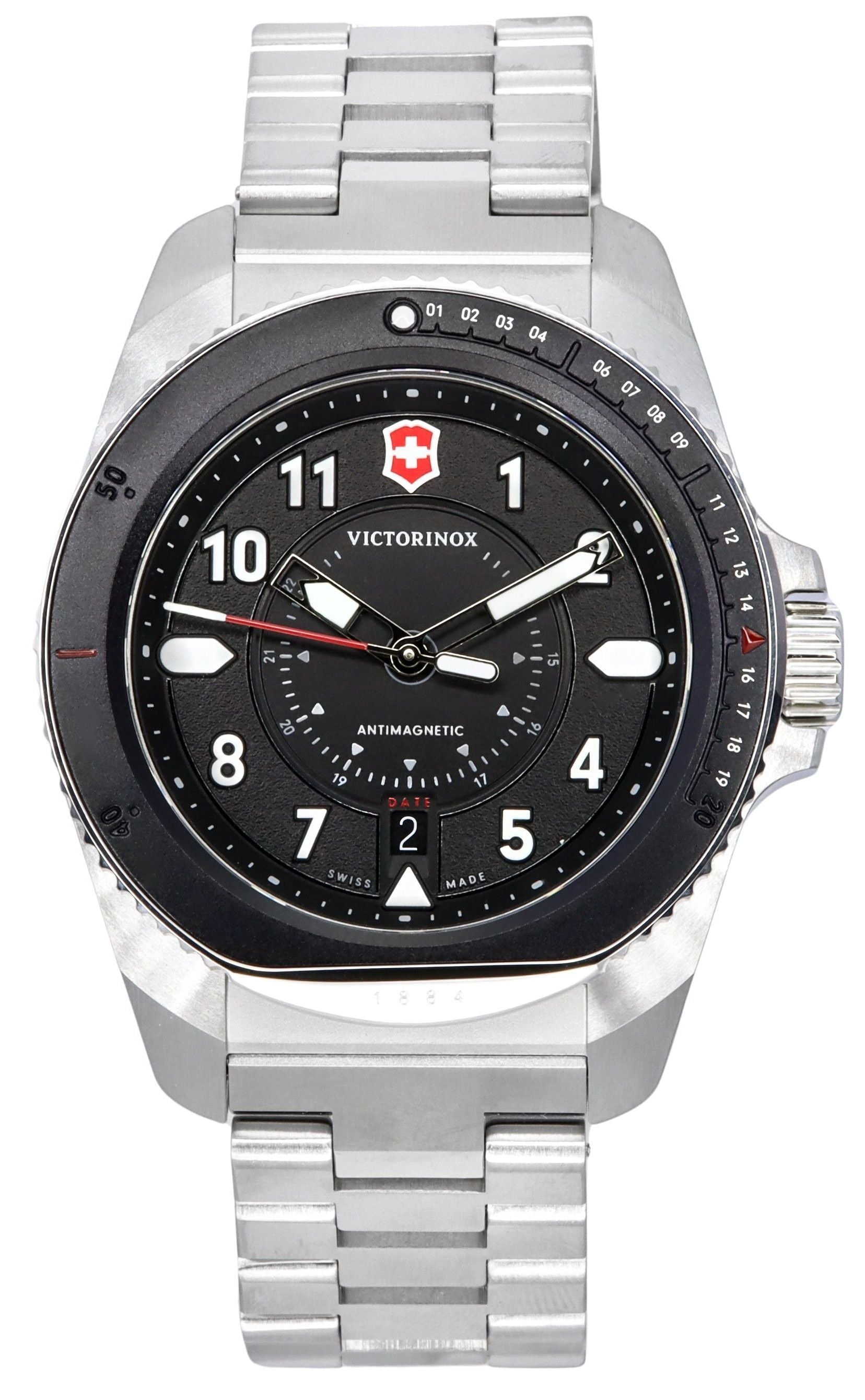Victorinox Swiss Army Journey 1884 Antimagnetic Black Dial. A brand-new Victorinox Journey 1884 watch featuring a Black dial. Angled view.