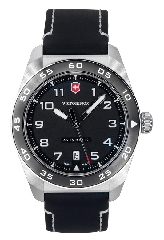 Victorinox Swiss Army Leather Strap Black Dial Automatic. A brand-new Victorinox Swiss Army watch featuring a Black dial and a Leather strap. Angled view.