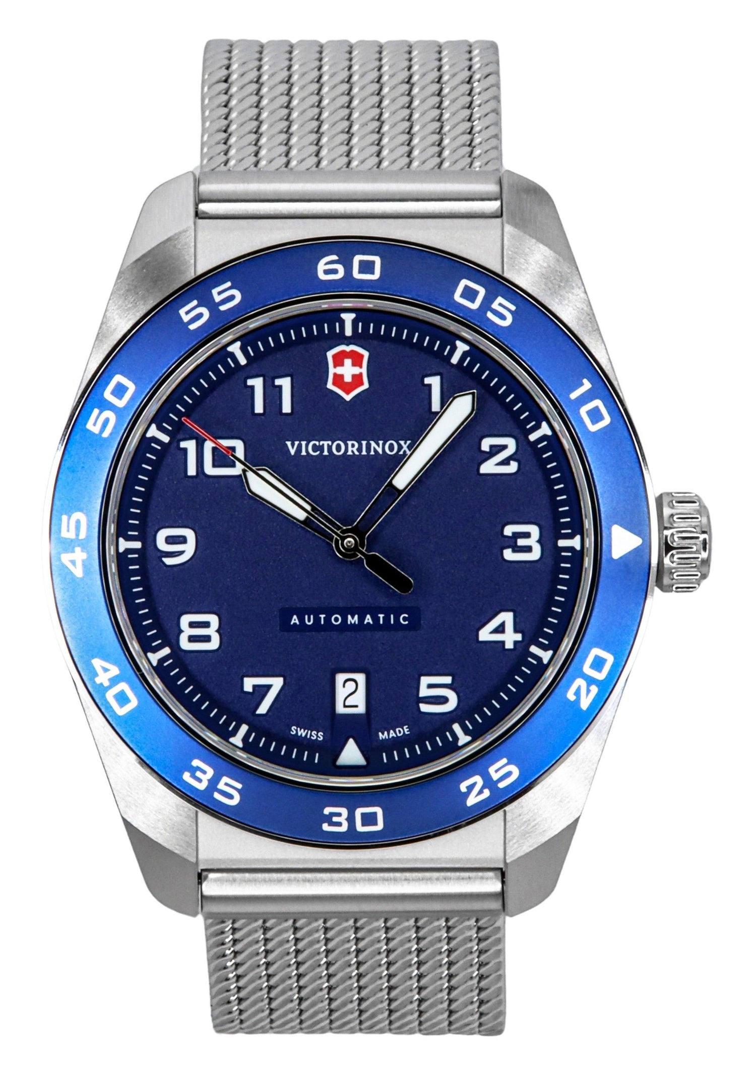 Victorinox Swiss Army Stainless Steel Blue Dial Automatic. A brand-new Victorinox Swiss Army watch featuring a Blue dial and a Stainless steel strap. Front view.