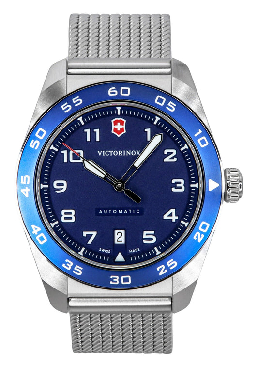 Victorinox Swiss Army Stainless Steel Blue Dial Automatic. A brand-new Victorinox Swiss Army watch featuring a Blue dial and a Stainless steel strap. Front view.