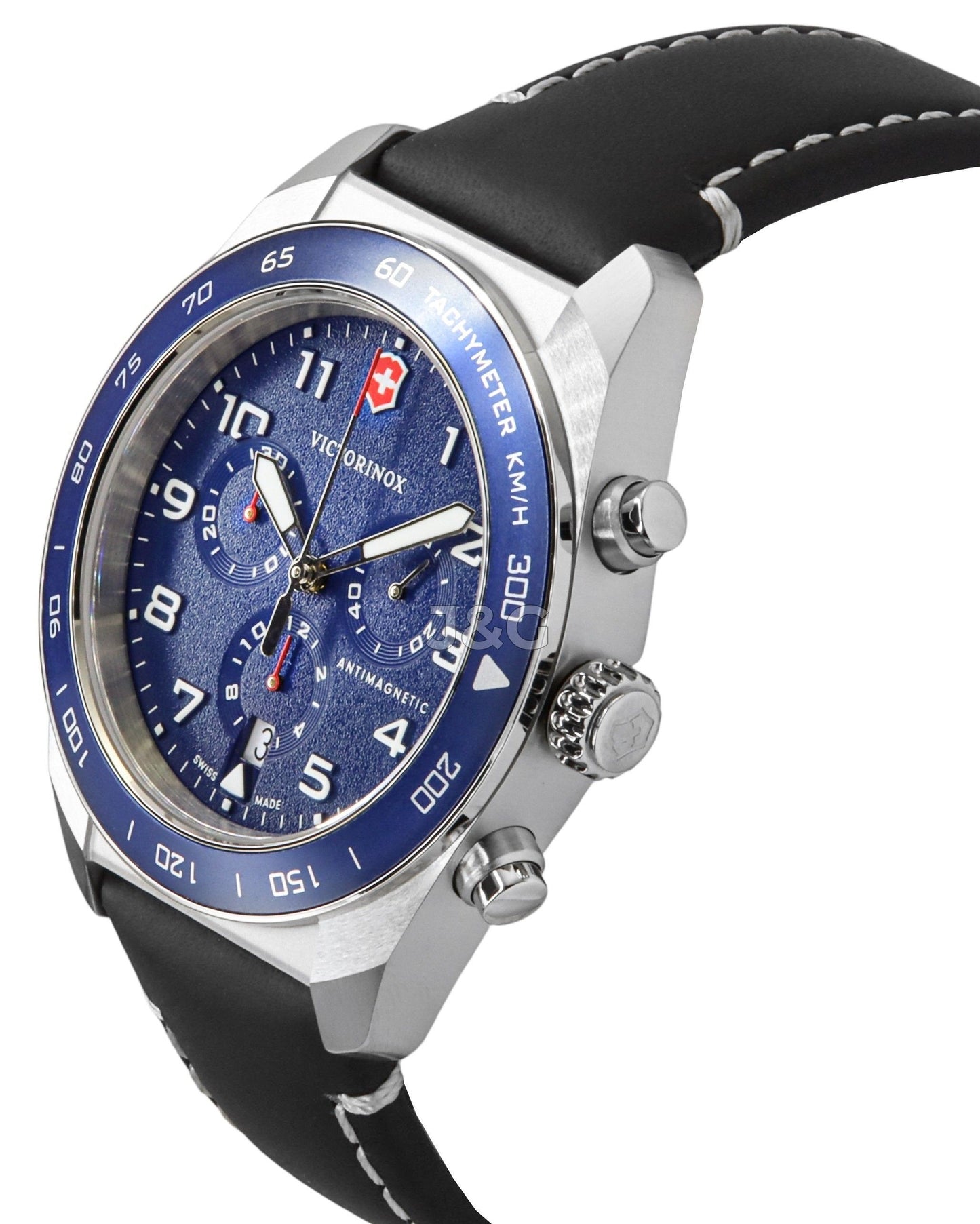 Victorinox Swiss Army Date display Blue Leather Male VIC242047. A brand-new Victorinox Swiss Army watch featuring a Blue dial and a Leather strap. Angled view. - view 3