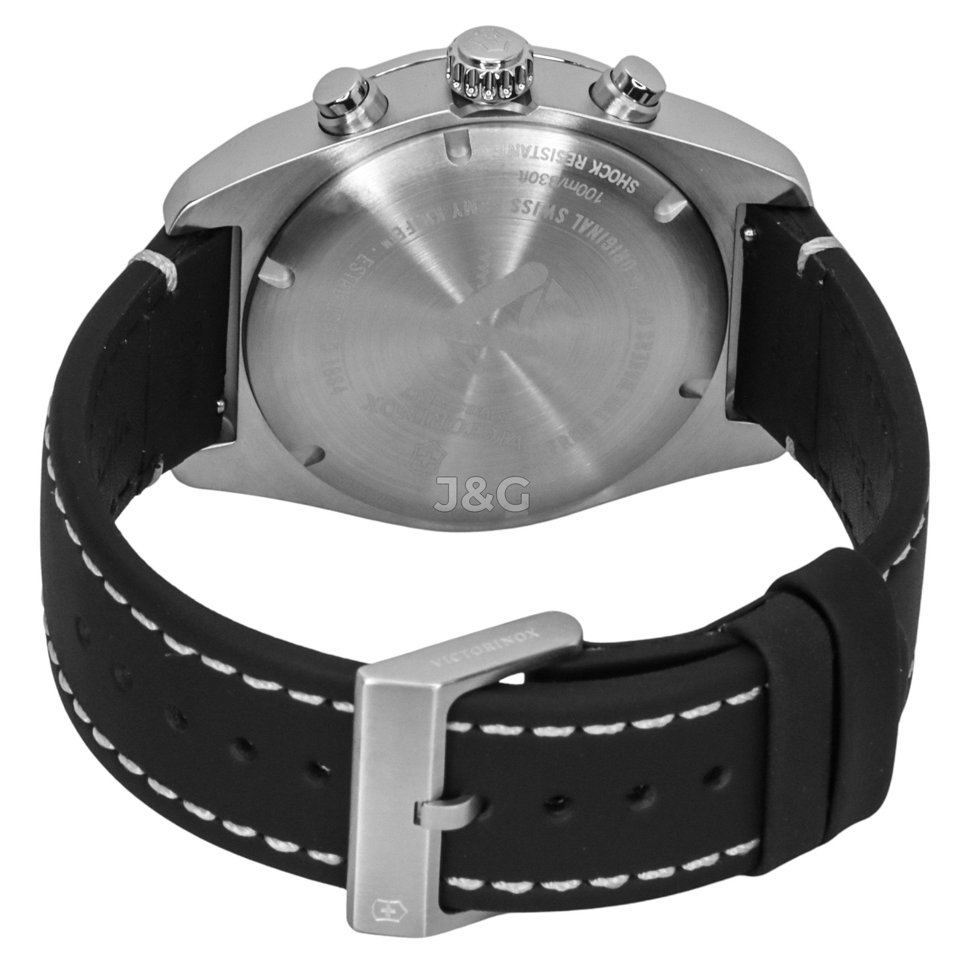 Victorinox Swiss Army Date display Blue Leather Male VIC242047. A brand-new Victorinox Swiss Army watch featuring a Blue dial and a Leather strap. Angled view. - view 4