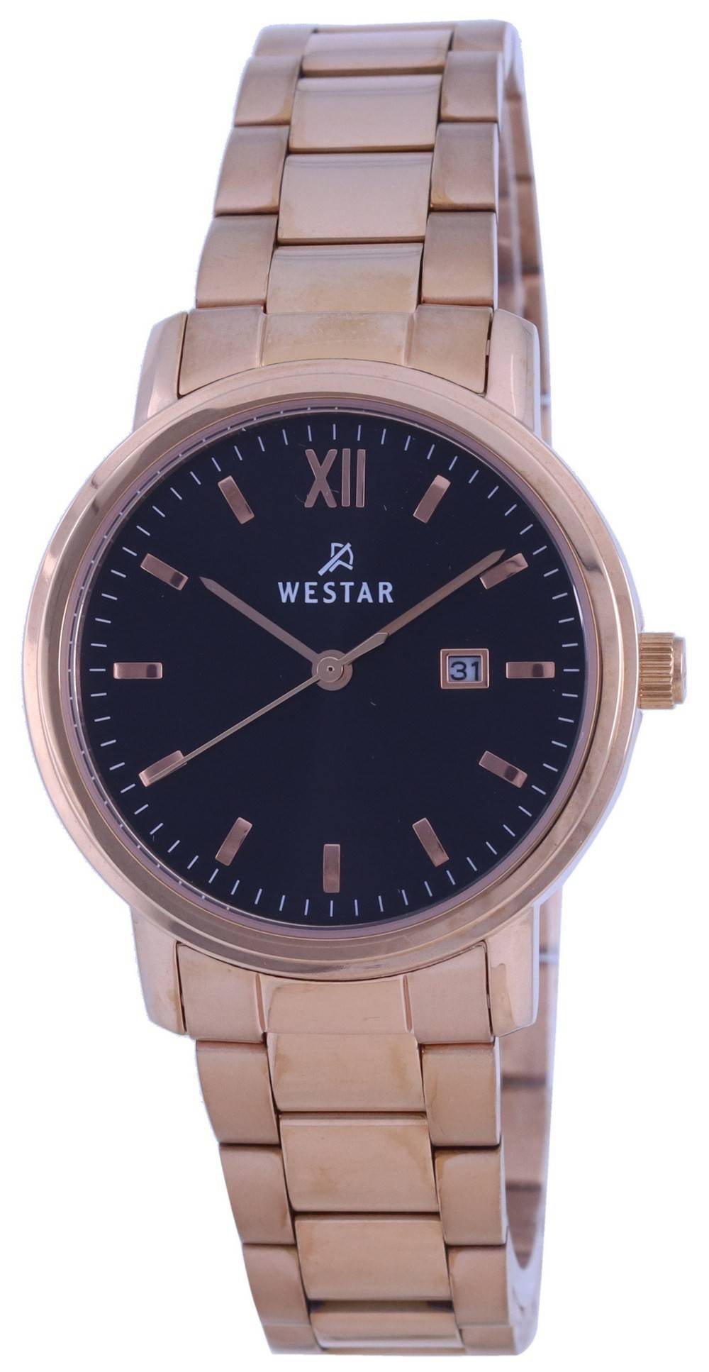 Westar Black Dial Rose Gold Tone Stainless Steel Quartz. A brand-new Westar watch featuring a Black dial and a Stainless steel strap. Angled view.