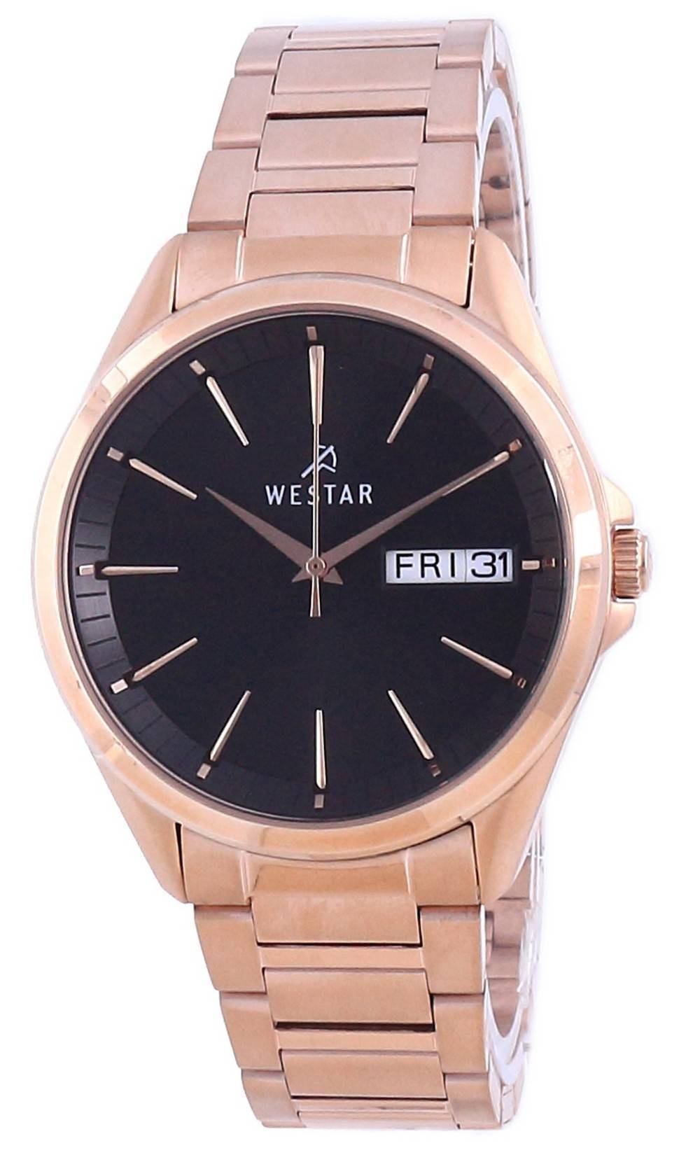 Westar Black Dial Rose Gold Tone Stainless Steel Quartz. A brand-new Westar watch featuring a Black dial and a Stainless steel strap. Front view.