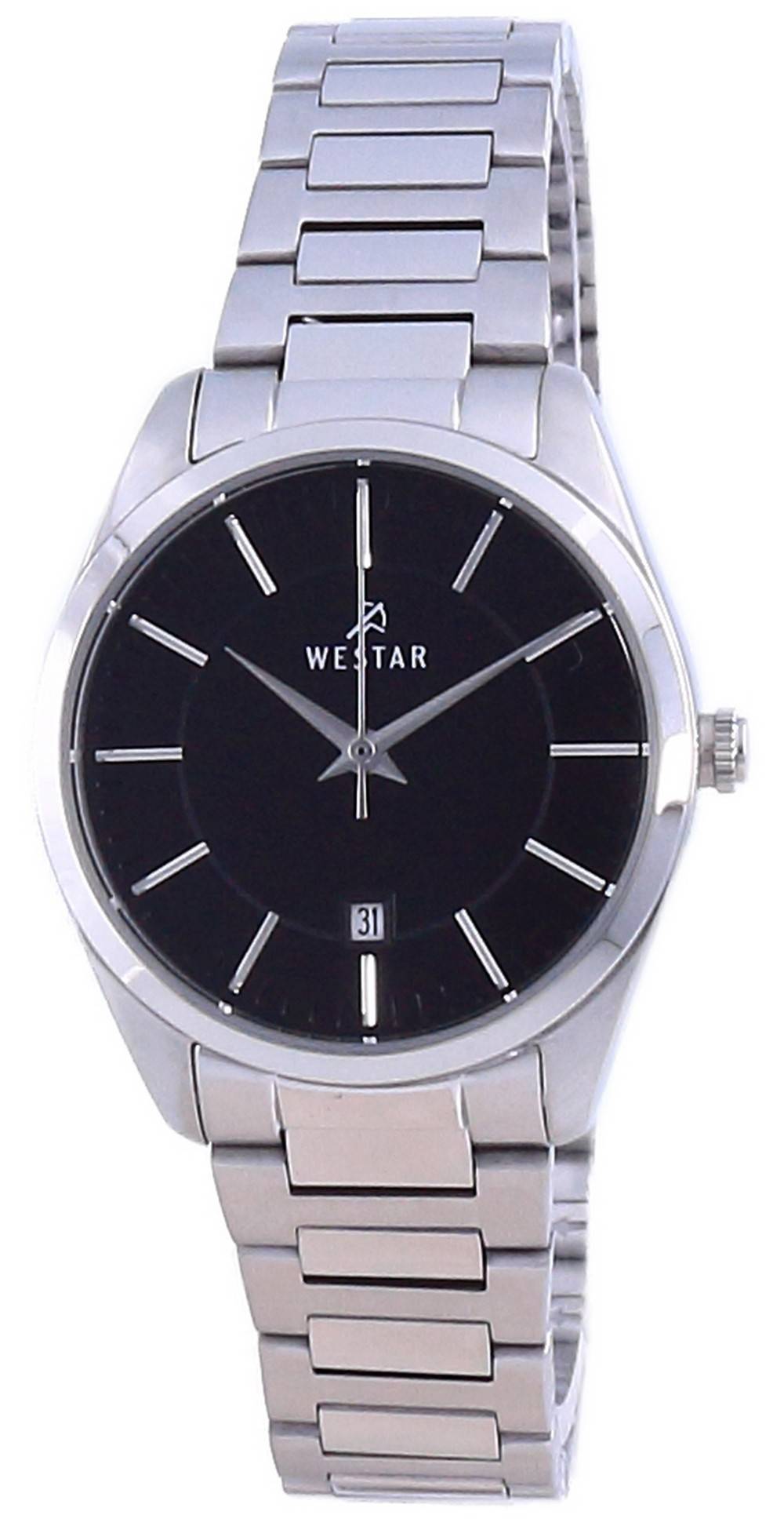 Westar Black Dial Stainless Steel Quartz 40213 STN 103 Wo. A brand-new Westar watch featuring a Black dial and a Stainless steel strap. Front view.