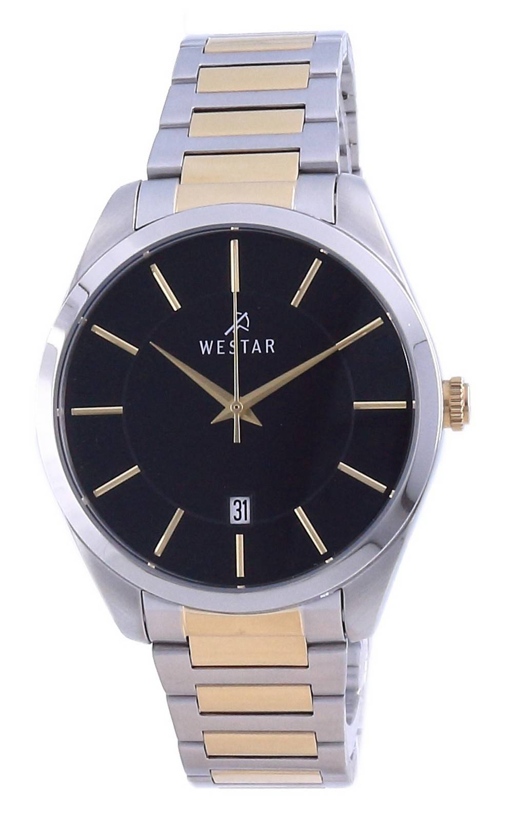 Westar Black Dial Two Tone Stainless Steel Quartz 50213 CBN. A brand-new Westar watch featuring a Black dial and a Stainless steel strap. Side view.