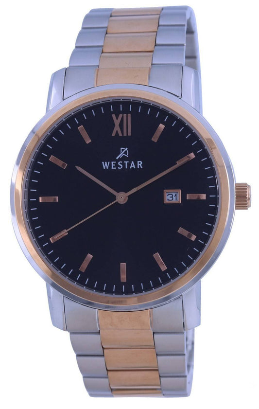 Westar Black Dial Two Tone Stainless Steel Quartz 50245 SPN. A brand-new Westar watch featuring a Black dial and a Stainless steel strap. Front view.