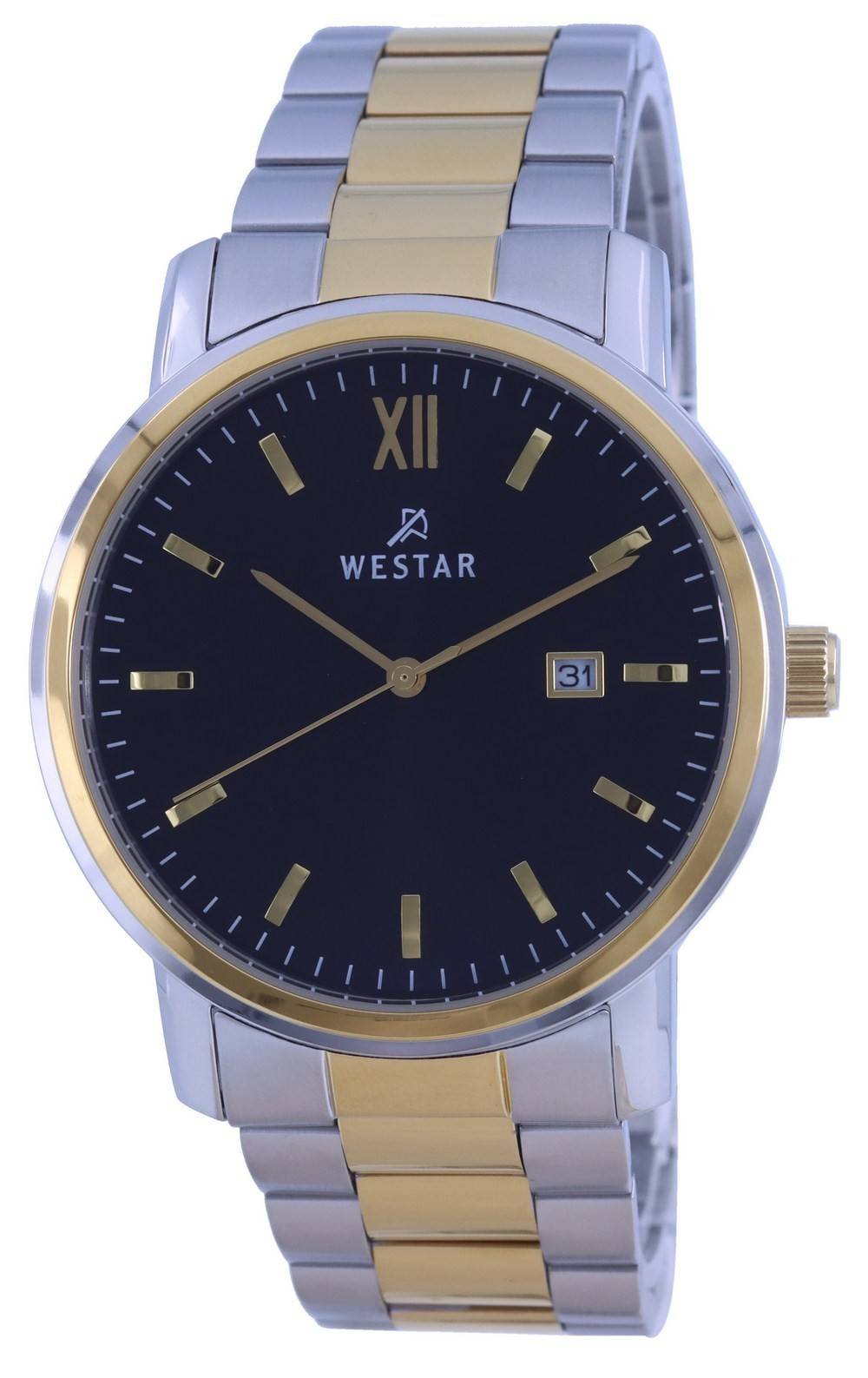 Westar Black Two Tone Stainless Steel Quartz 50245 CBN 103. A brand-new Westar watch featuring a Stainless steel strap. Angled view.