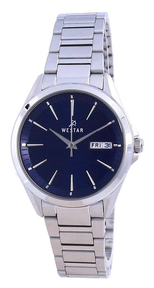 Westar Blue Dial Stainless Steel Quartz 40212 STN 104 Wo. A brand-new Westar watch featuring a Blue dial and a Stainless steel strap. Side view.