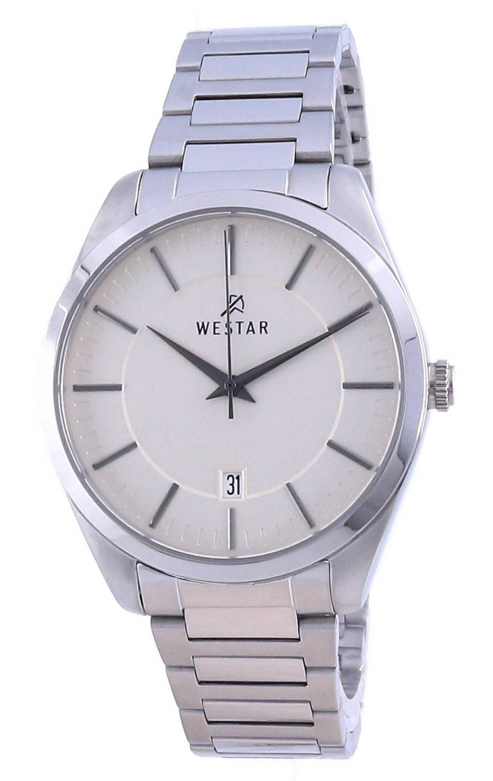 Westar Champagne Dial Stainless Steel Quartz 50213 STN 102. A brand-new Westar watch featuring a Champagne dial and a Stainless steel strap. Angled view.