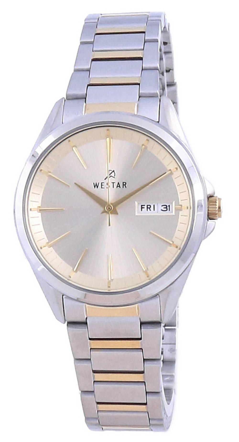 Westar Champagne Dial Two Tone Stainless Steel Quartz 40212. A brand-new Westar watch featuring a Champagne dial and a Stainless steel strap. Side view.