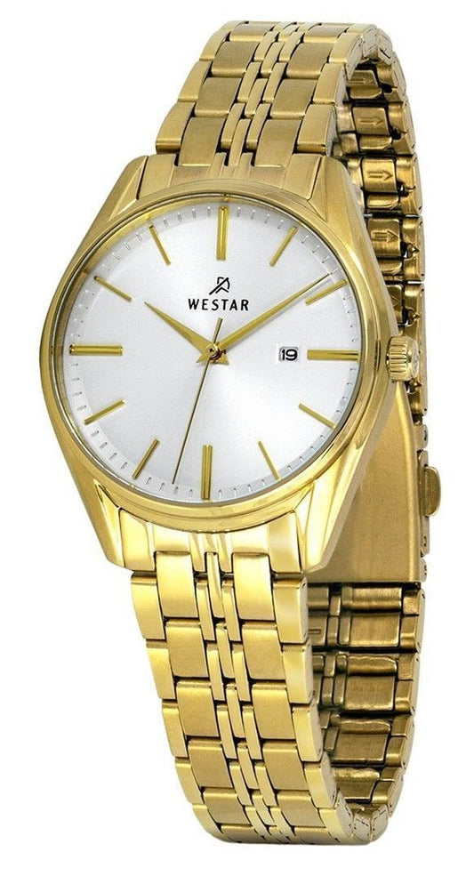 Westar Profile Gold Tone Stainless Steel White Dial Quartz. A brand-new Westar Profile watch featuring a White dial and a Stainless steel strap. Side view.