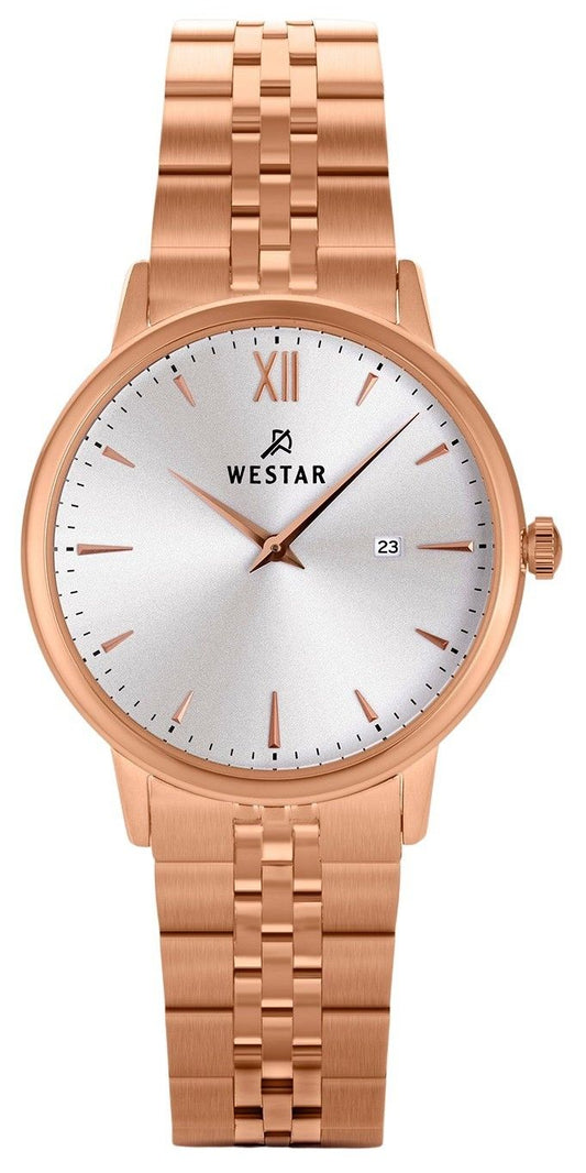 Westar Profile Rose Gold Tone Stainless Steel Silver Dial. A brand-new Westar Profile watch featuring a Silver dial and a Stainless steel strap. Front view.