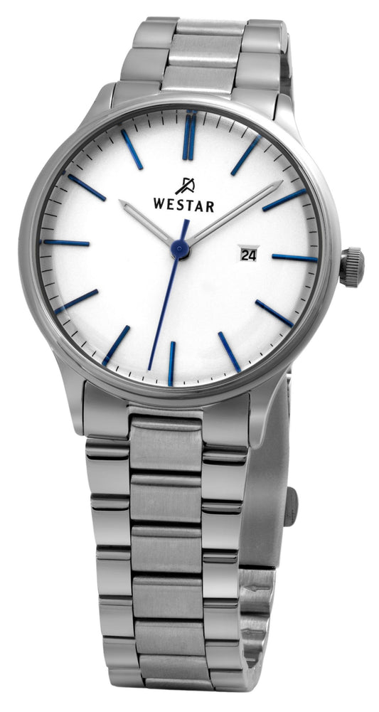 Westar Profile Stainless Steel White Dial Quartz Wo. A brand-new Westar Profile watch featuring a White dial and a Stainless steel strap. Angled view.