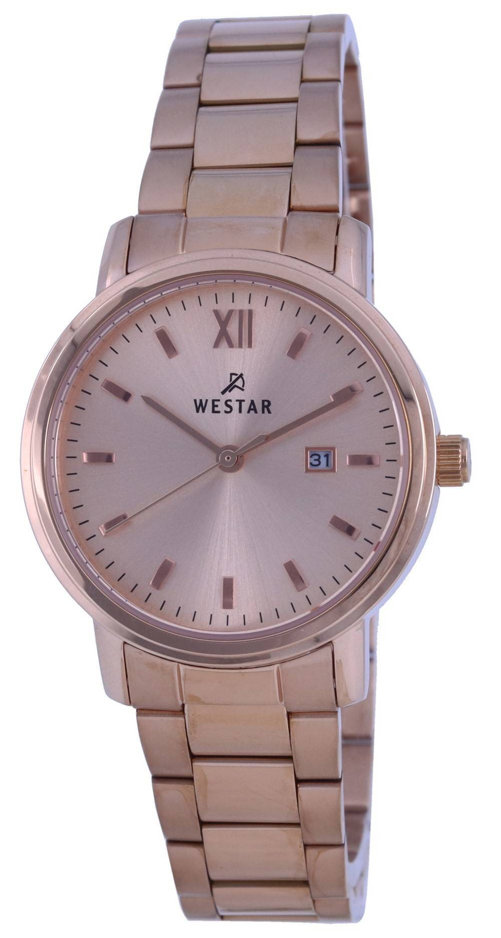 Westar Rose Gold Tone Stainless Steel Quartz 40245 PPN 609. A brand-new Westar watch featuring a Stainless steel strap. Angled view.