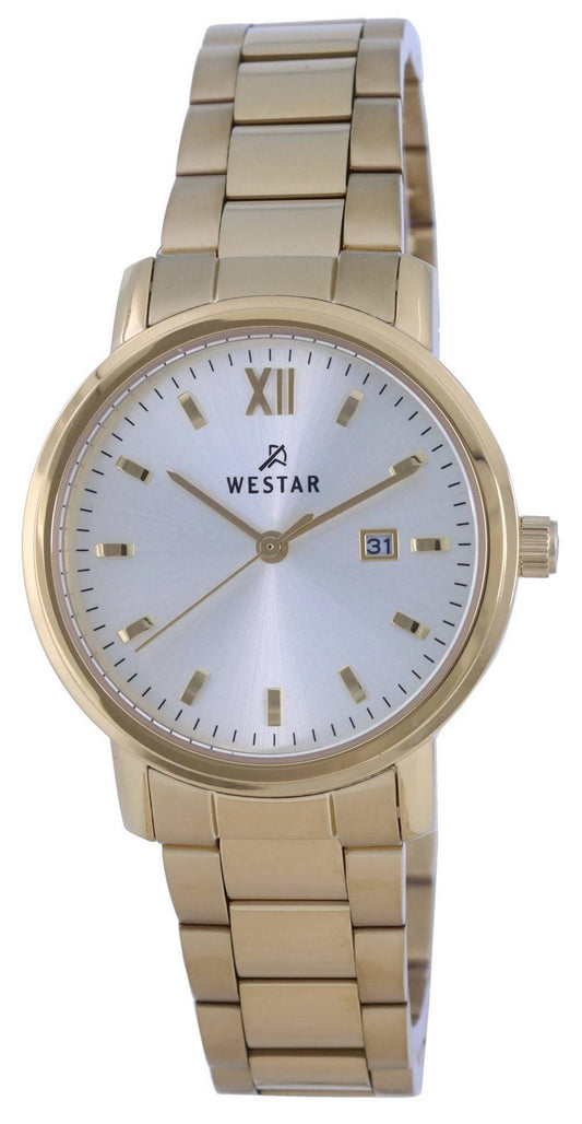 Westar Silver Dial Gold Tone Stainless Steel Quartz 40245. A brand-new Westar watch featuring a Silver dial and a Stainless steel strap. Front view.