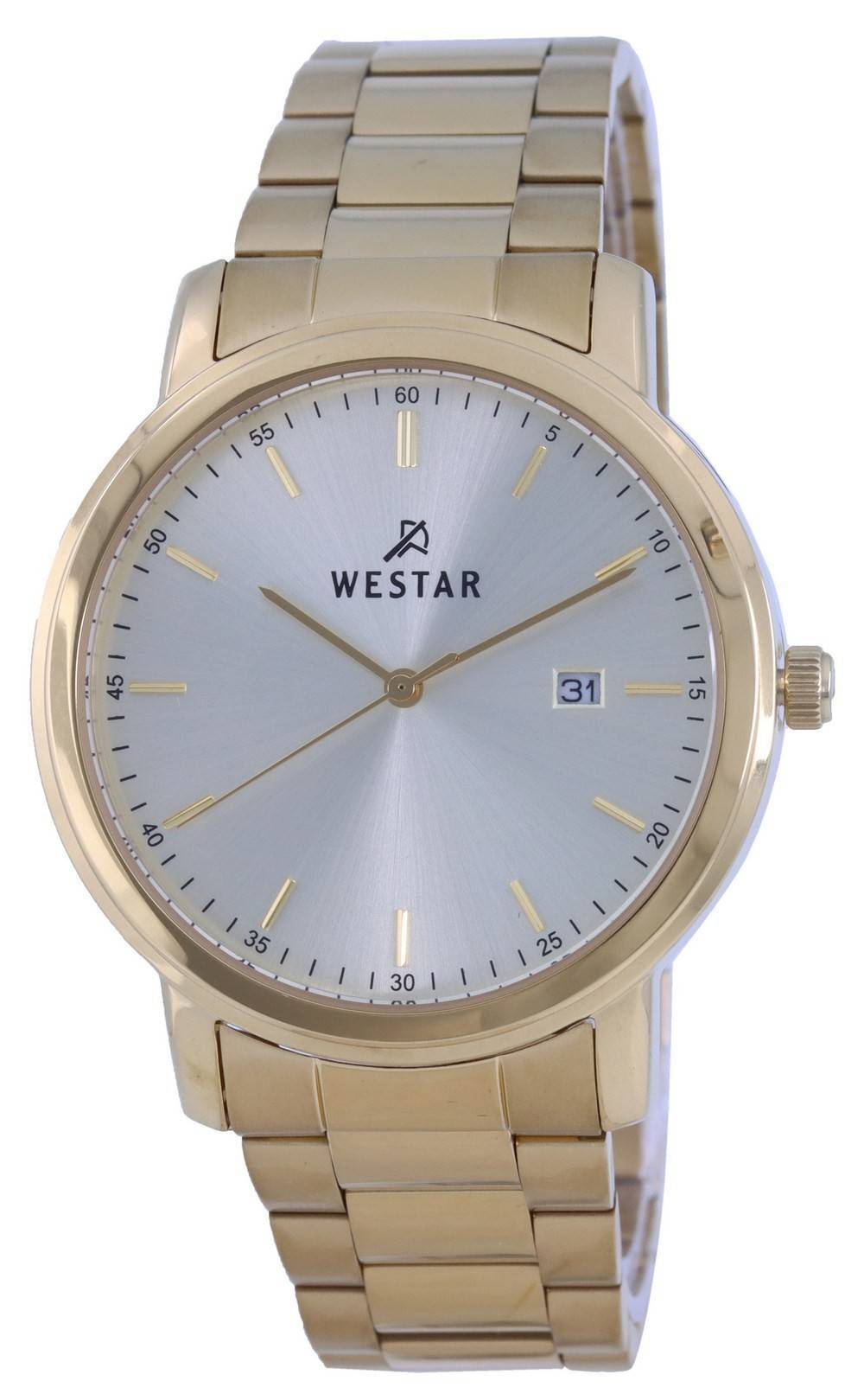 Westar Silver Dial Gold Tone Stainless Steel Quartz 50243. A brand-new Westar watch featuring a Silver dial and a Stainless steel strap. Front view.