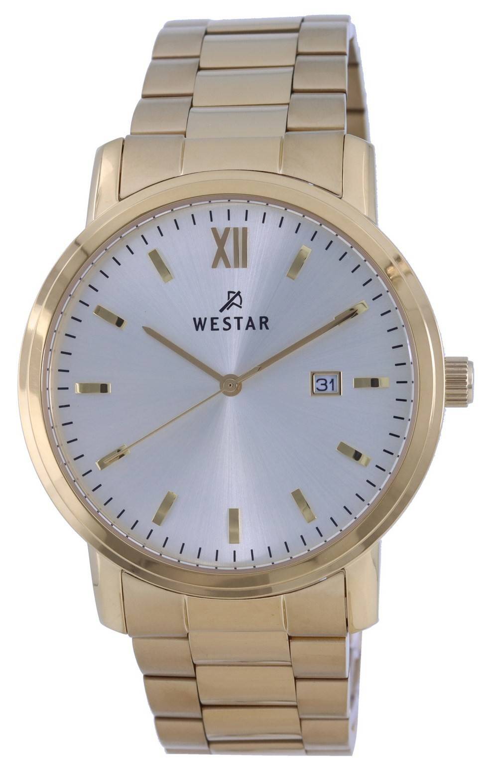 Westar Silver Dial Gold Tone Stainless Steel Quartz 50245. A brand-new Westar watch featuring a Silver dial and a Stainless steel strap. Angled view.