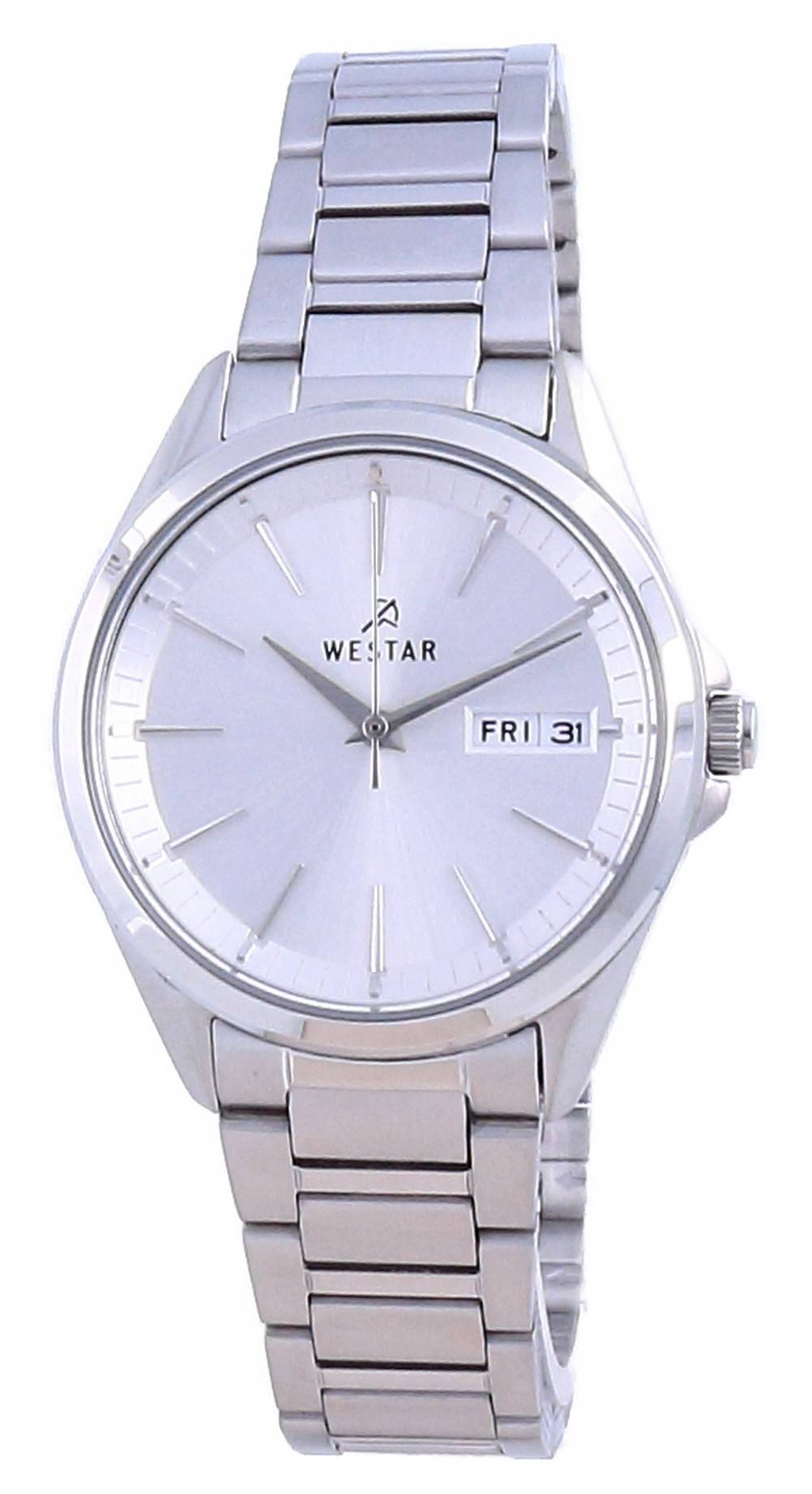 Westar Silver Dial Stainless Steel Quartz 40212 STN 107 Wo. A brand-new Westar watch featuring a Silver dial and a Stainless steel strap. Side view.