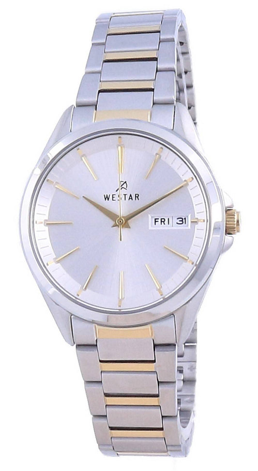 Westar Silver Dial Two Tone Stainless Steel Quartz 40212. A brand-new Westar watch featuring a Silver dial and a Stainless steel strap. Side view.