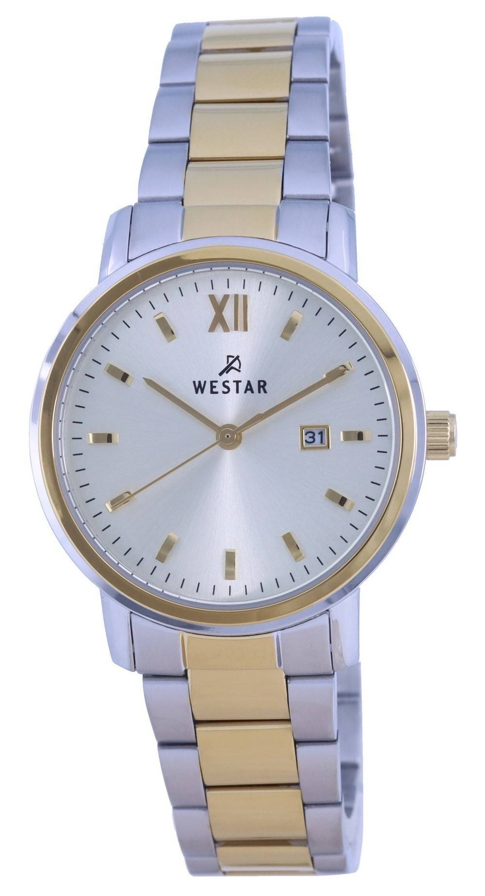 Westar Silver Dial Two Tone Stainless Steel Quartz 40245. A brand-new Westar watch featuring a Silver dial and a Stainless steel strap. Front view.