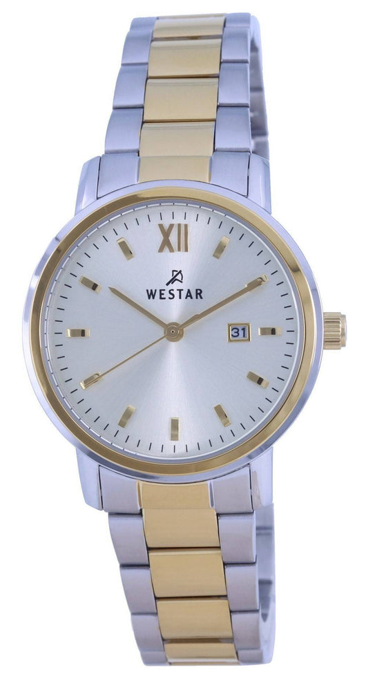 Westar Silver Dial Two Tone Stainless Steel Quartz 40245. A brand-new Westar watch featuring a Silver dial and a Stainless steel strap. Front view.