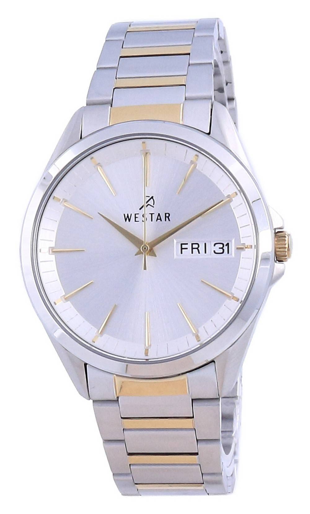 Westar Silver Dial Two Tone Stainless Steel Quartz 50212. A brand-new Westar watch featuring a Silver dial and a Stainless steel strap. Side view.