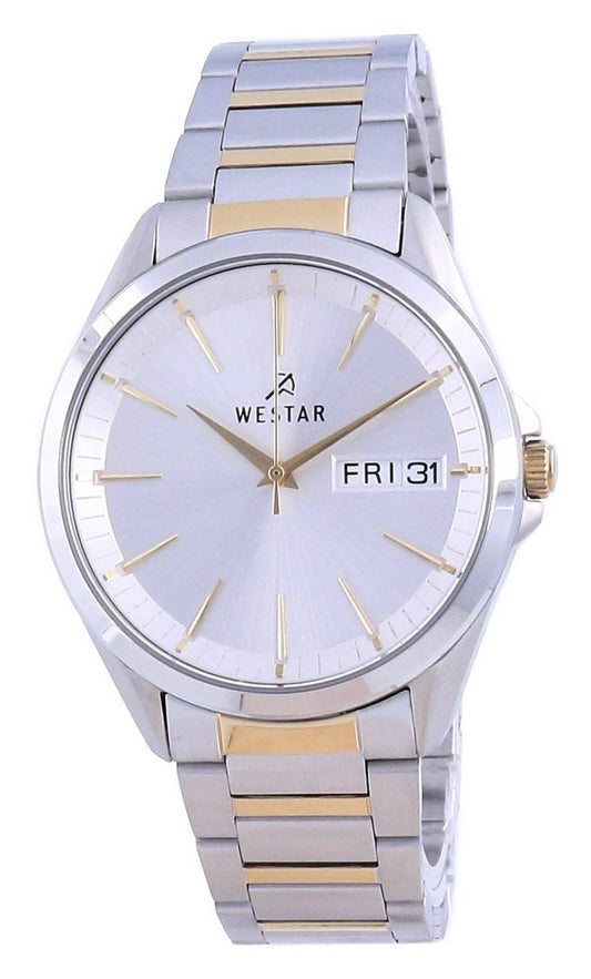 Westar Silver Dial Two Tone Stainless Steel Quartz 50212. A brand-new Westar watch featuring a Silver dial and a Stainless steel strap. Side view.