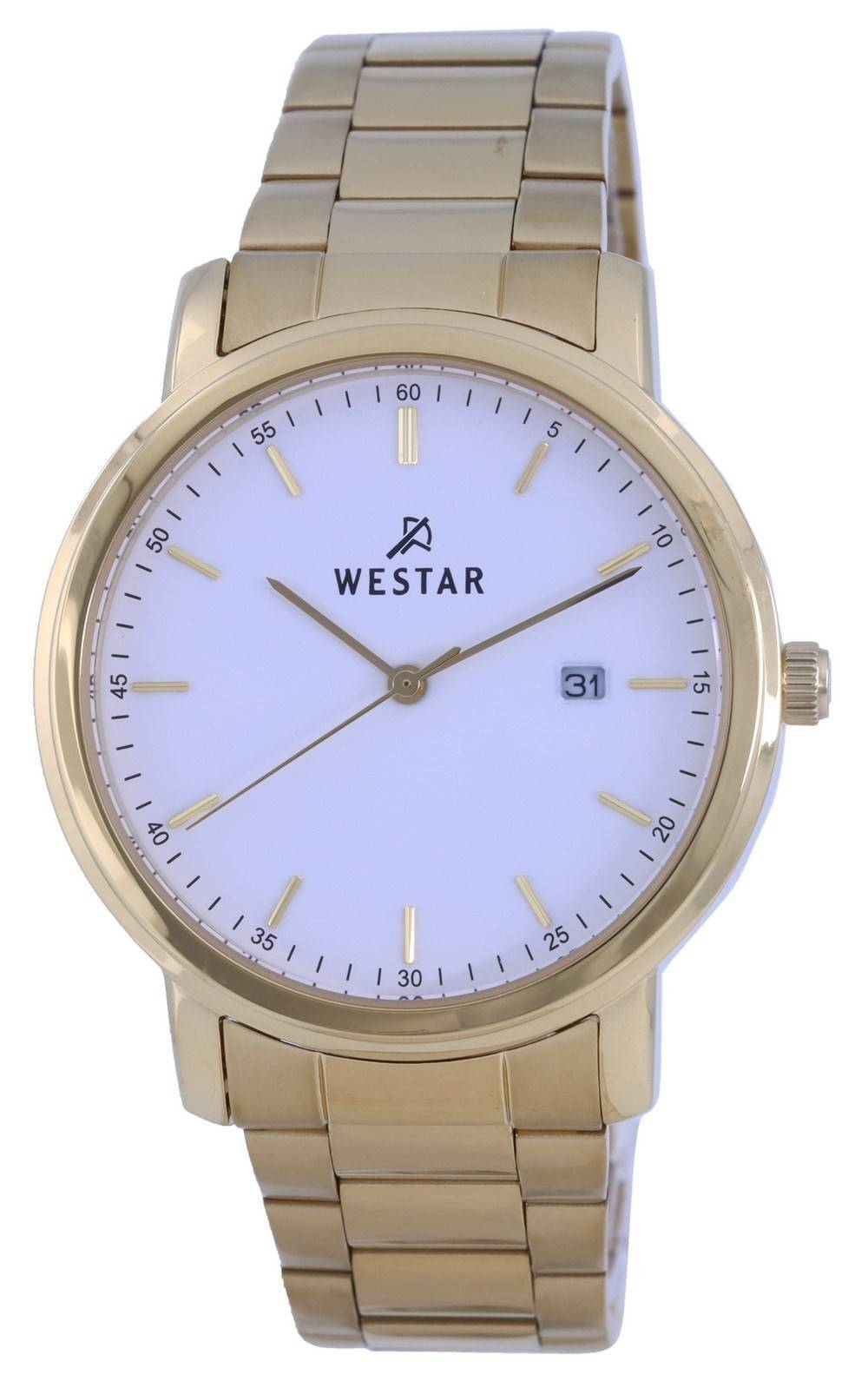 Westar White Dial Gold Tone Stainless Steel Quartz 50243. A brand-new Westar watch featuring a White dial and a Stainless steel strap. Angled view.