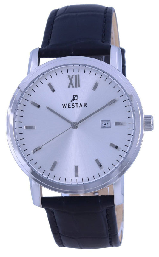 Westar White Dial Leather Strap Quartz 50244 STN 107. A brand-new Westar watch featuring a White dial and a Leather strap. Angled view.