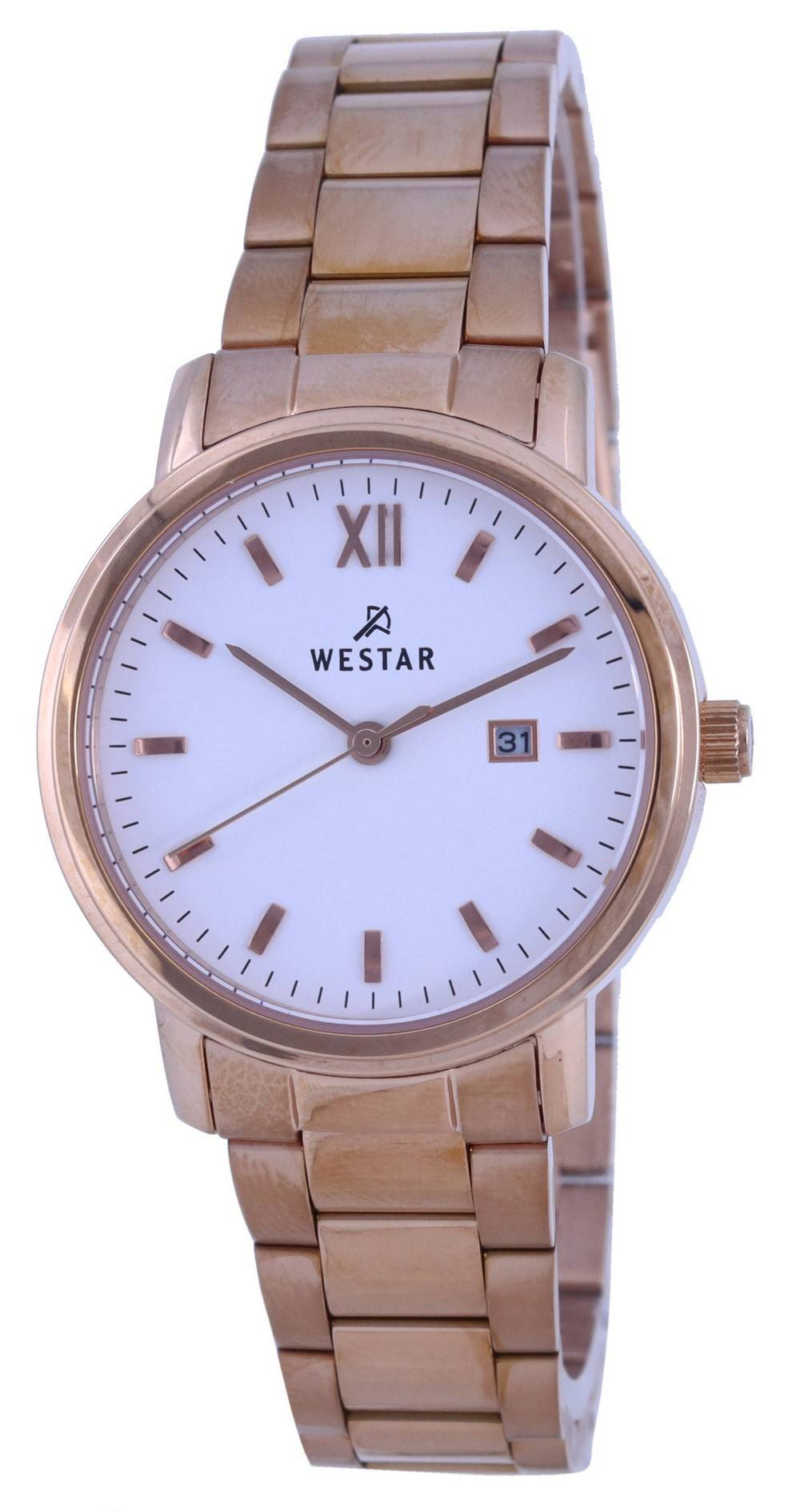 Westar White Dial Rose Gold Tone Stainless Steel Quartz. A brand-new Westar watch featuring a White dial and a Stainless steel strap. Side view.