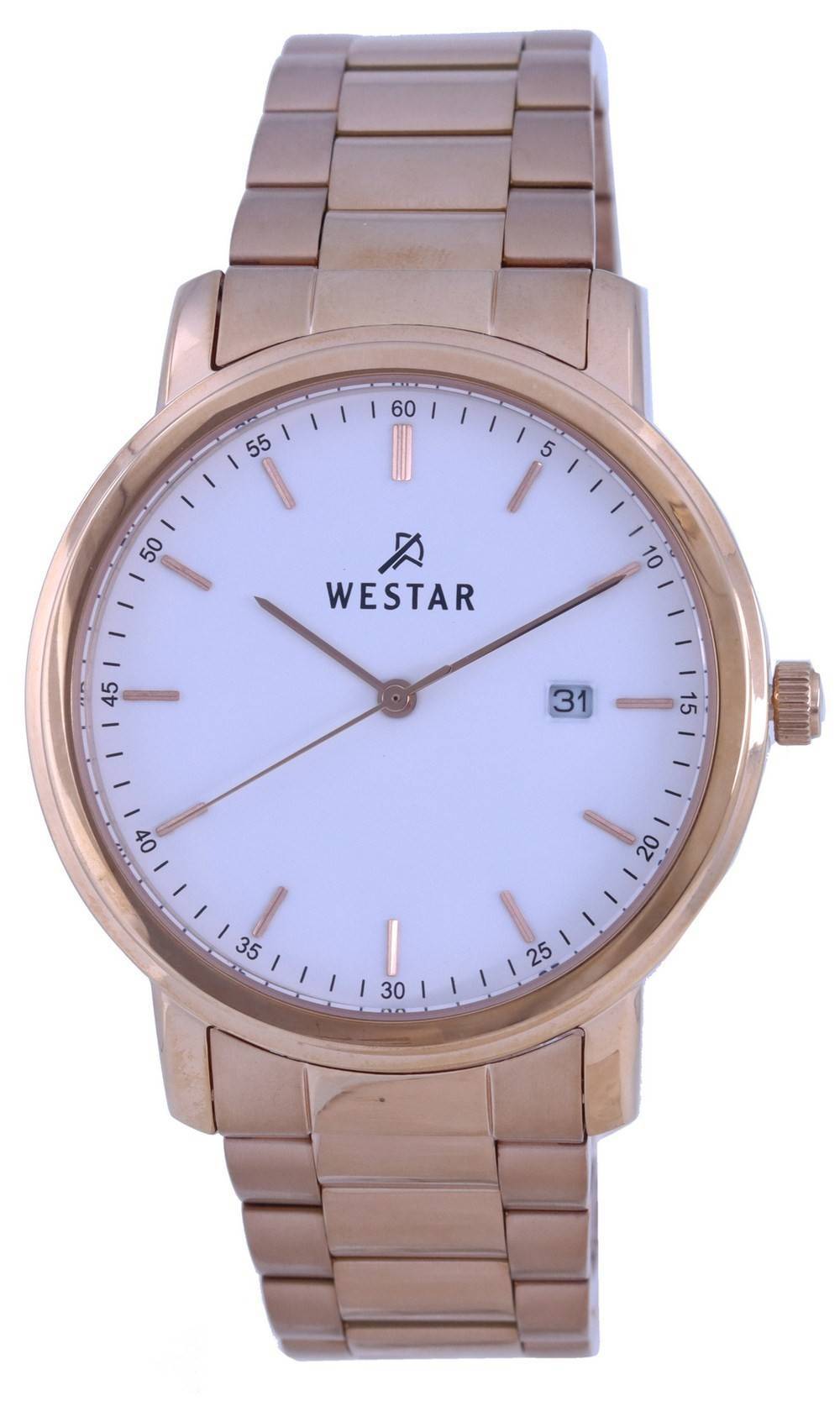 Westar White Dial Rose Gold Tone Stainless Steel Quartz. A brand-new Westar watch featuring a White dial and a Stainless steel strap. Side view.