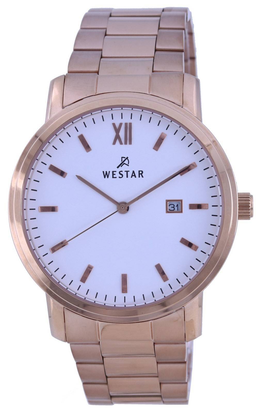 Westar White Dial Rose Gold Tone Stainless Steel Quartz. A brand-new Westar watch featuring a White dial and a Stainless steel strap. Angled view.