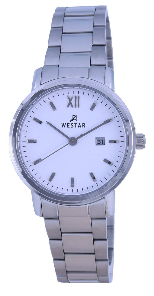 Westar White Dial Stainless Steel Quartz 40245 STN 101 Wo. A brand-new Westar watch featuring a White dial and a Stainless steel strap. Angled view.