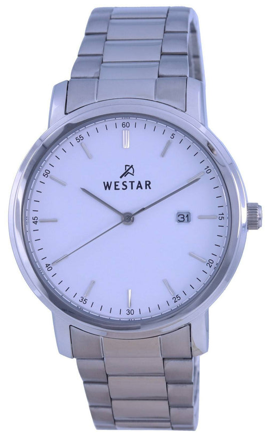 Westar White Dial Stainless Steel Quartz 50243 STN 101. A brand-new Westar watch featuring a White dial and a Stainless steel strap. Side view.