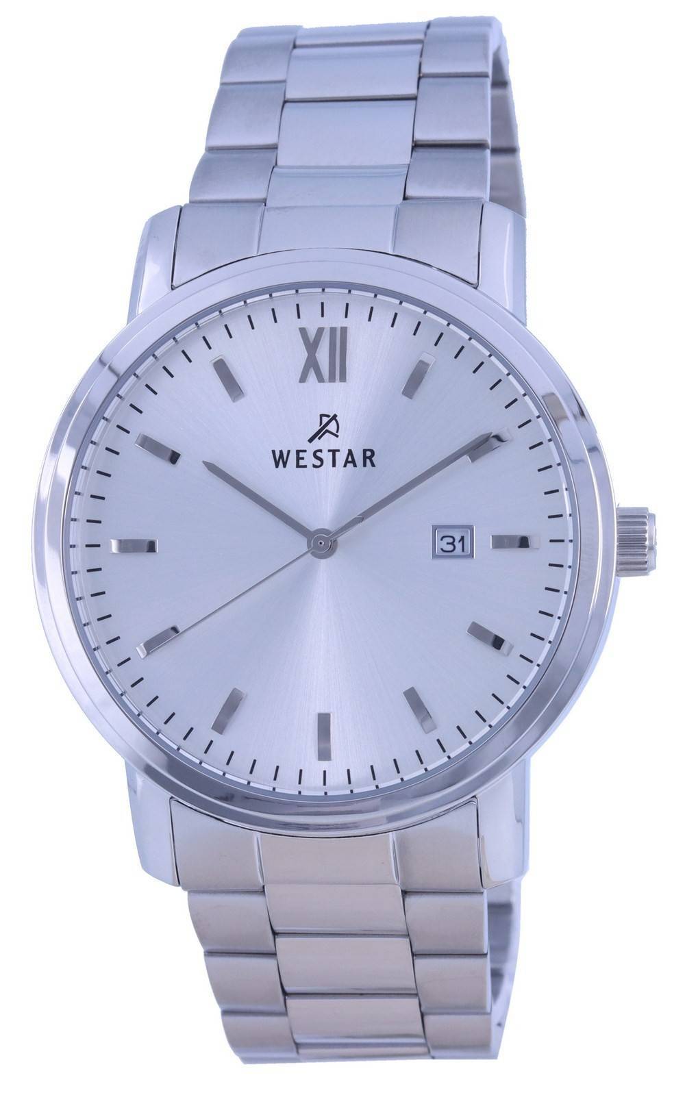 Westar White Dial Stainless Steel Quartz 50245 STN 107. A brand-new Westar watch featuring a White dial and a Stainless steel strap. Angled view.