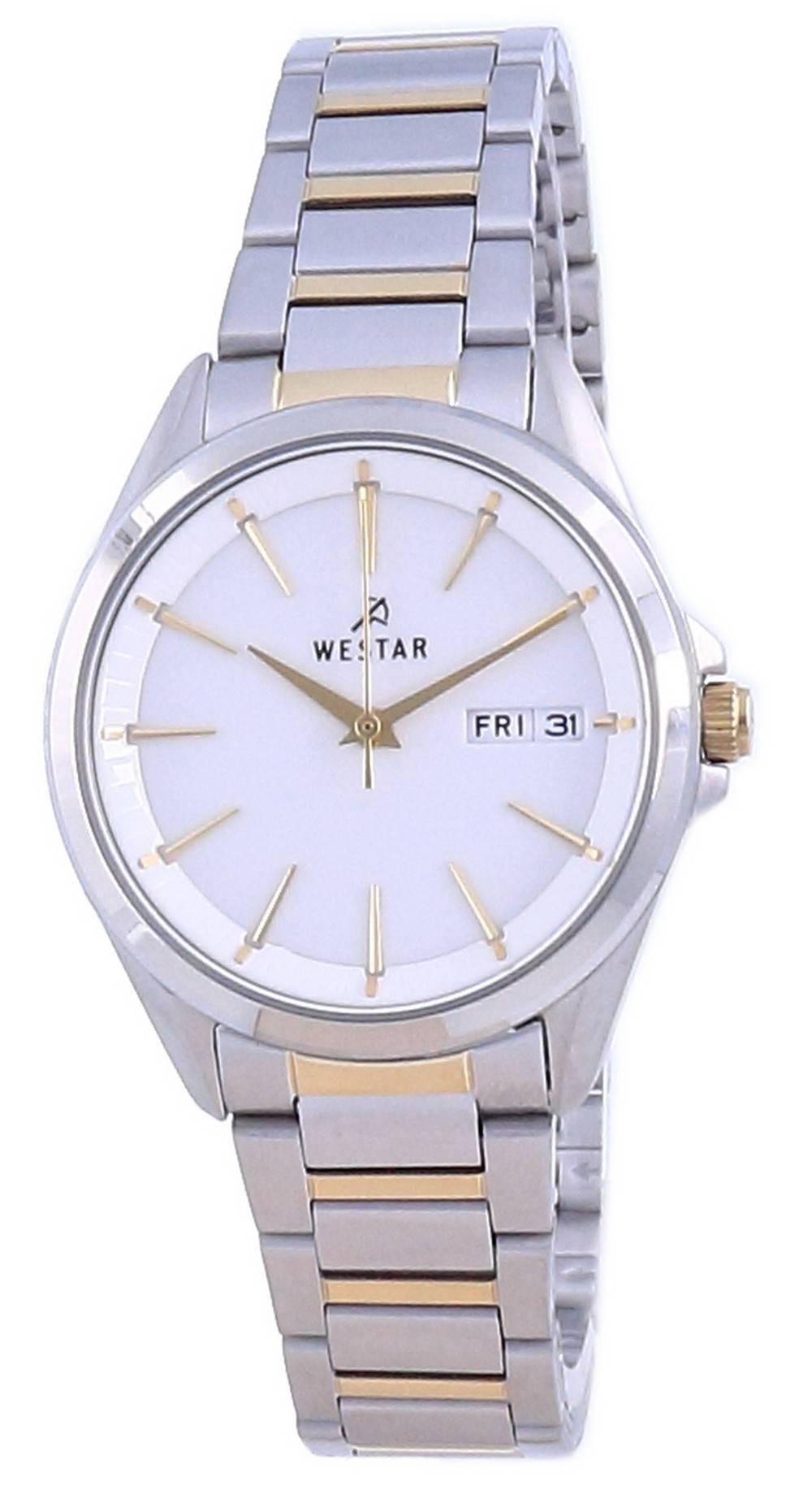 Westar White Dial Two Tone Stainless Steel Quartz 40212 CBN. A brand-new Westar watch featuring a White dial and a Stainless steel strap. Side view.