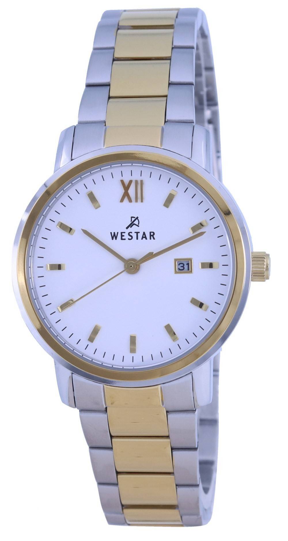 Westar White Dial Two Tone Stainless Steel Quartz 40245 CBN. A brand-new Westar watch featuring a White dial and a Stainless steel strap. Front view.