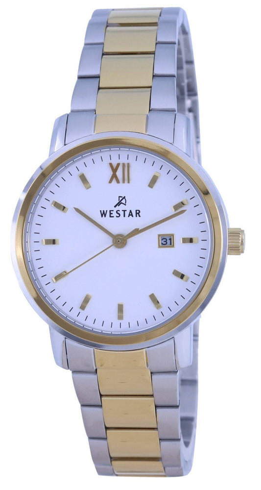 Westar White Dial Two Tone Stainless Steel Quartz 40245 CBN. A brand-new Westar watch featuring a White dial and a Stainless steel strap. Front view.